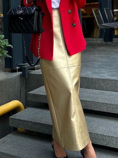 Patchwork High Waist Long Skirt Metallic Slim Pu Maxi Dress Female Autumn Maxi Skirt