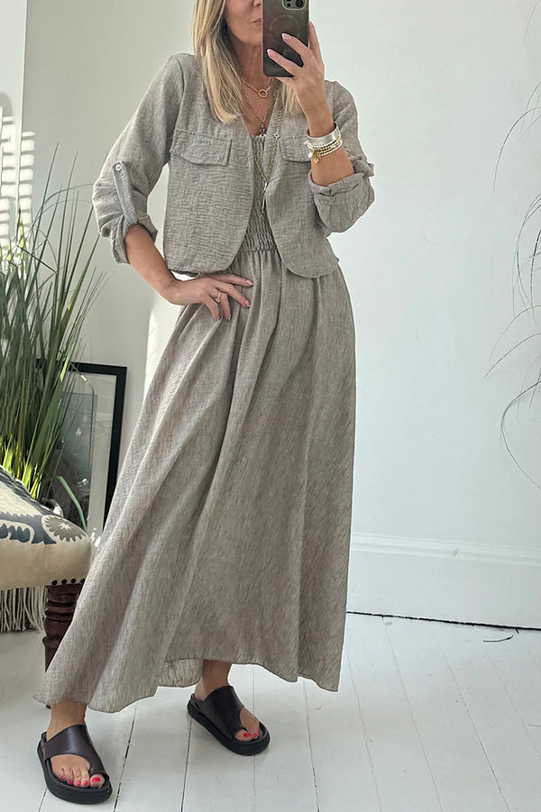 Color Short Jacket and Suspender Pleated Maxi Dress Set