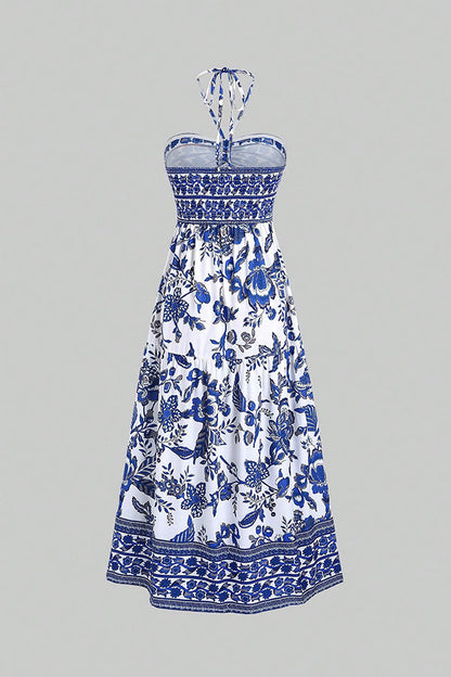 Holiday Style Unique Print Halter Neck Tie Slit Midi Dress