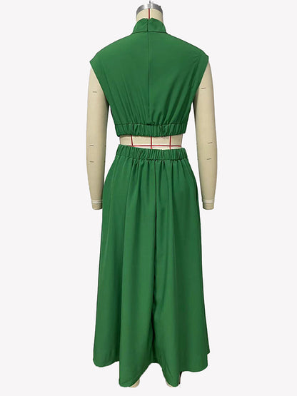 Cap Sleeve Belly-hollow Pleated Color Stand Collar Maxi Dresses