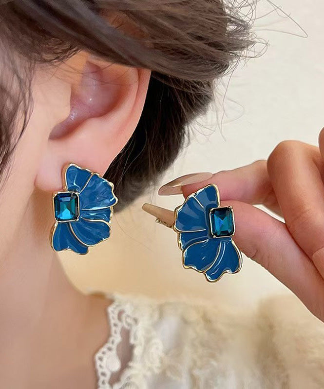 Blue Alloy Crystal Drip Glaze Petal Stud Earrings