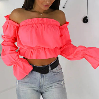 Candy Color Off Shoulder Crop Tops Summer Dot Print Lantern Sleeve Shirts Lady Slash Neck Beach Blouse