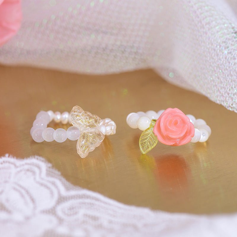 [] Beaded Ring (rose/butterfly)