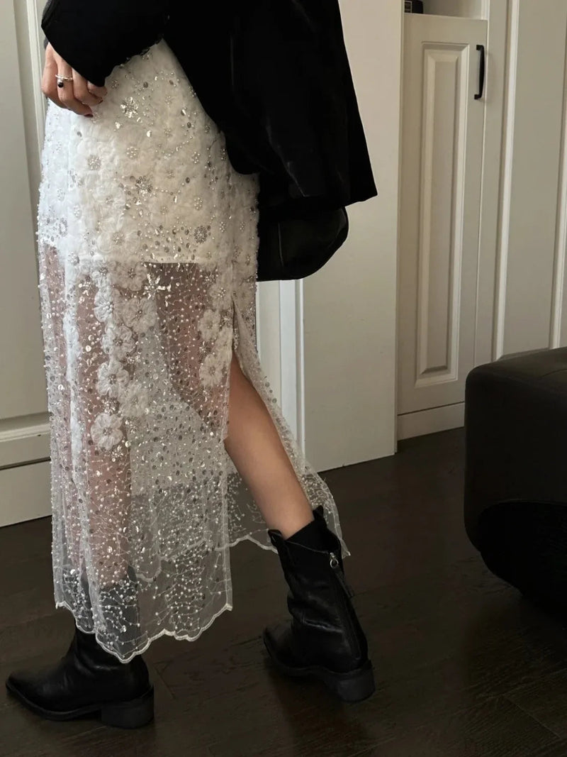 Beaded Sequin White Mesh A-line Skirt