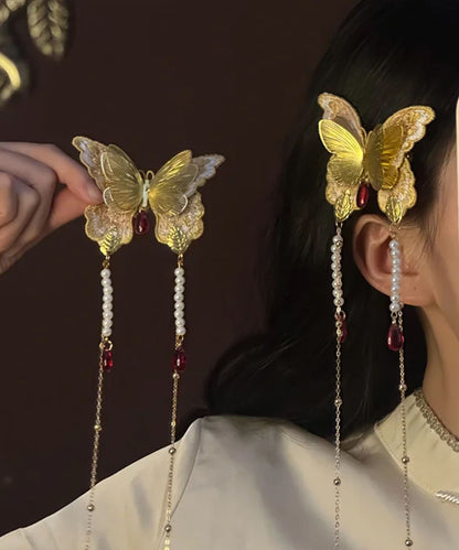 Gold Alloy Butterfly Embroidery Tassel a Pair Hairpin