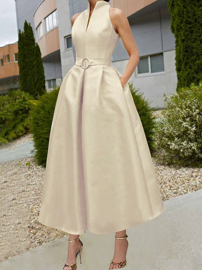 A-line Loose Belted Pleated Pockets Color V-neck Midi Dresses