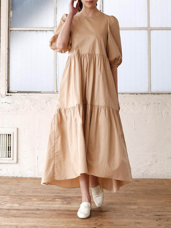 Half Sleeves Puff Sleeves Breathable See-through Color Round-neck Midi Dresses