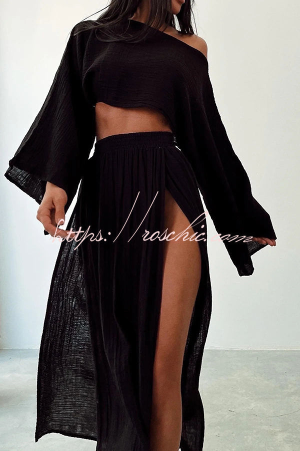 Beach Linen Blend Wide Sleeve Blouse and Elastic Waist Double Slit Skirt Set