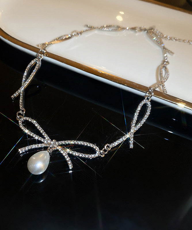 Silk Alloy Zircon Bow Pearl Pendant Necklace