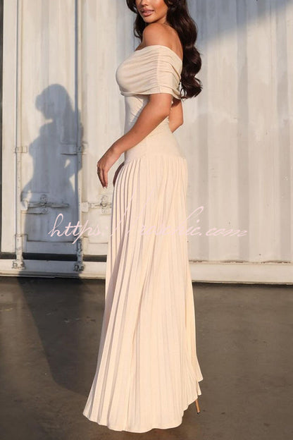 Off-shoulder Slim Fit Pleated Maxi Dress