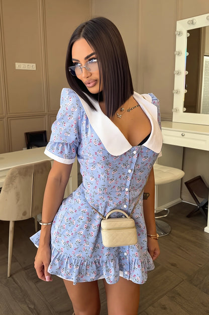 Lapel Button Ruffle Mini Dress