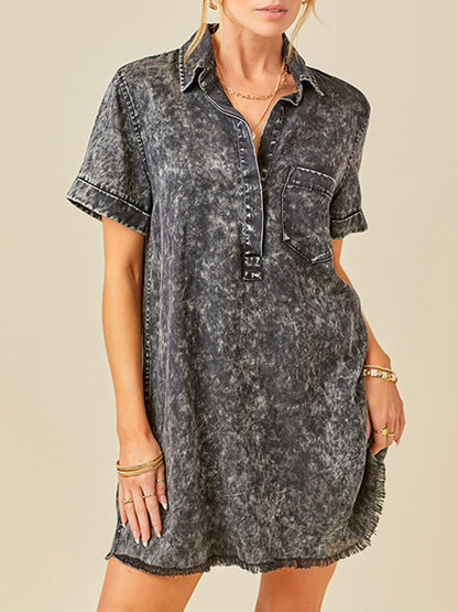A-line Loose Fringed Pleated Pockets Split-joint Lapel Mini Dresses