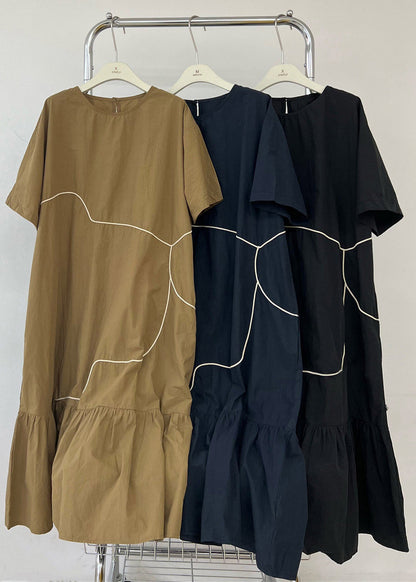 French Khaki Ruffled Patchwork Maxi Dress Short Sleeve Tt1046