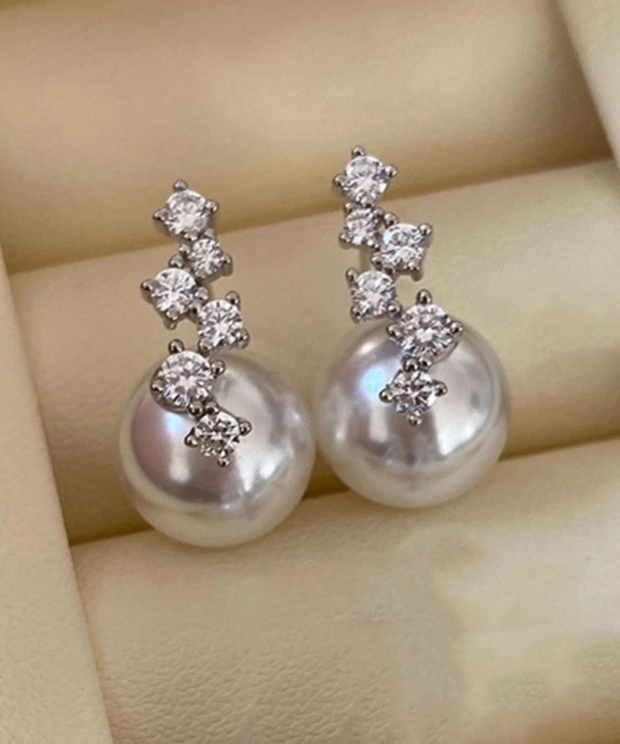Zircon Pearl Patchwork Silver Drop Earrings