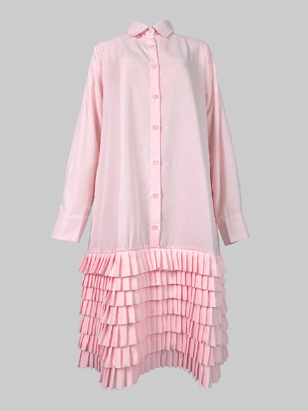 A-line Long Sleeves Layered Pleated Pockets Color Split-joint Lapel Midi Dresses Shirt Dress