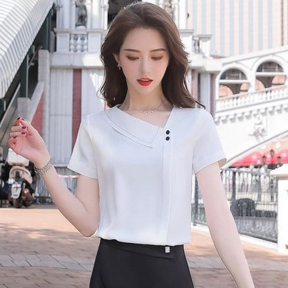 Spring Summer Style Chiffon Blouses Shirts Lady Asymmetrical Collar Short Sleeve Chiffon Blusas Tops Df4028