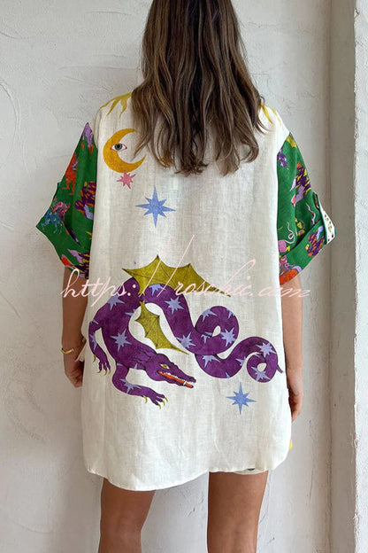 Days of Heaven Linen Blend Unique Print Blouse and Elastic Waist Pocketed Shorts Set