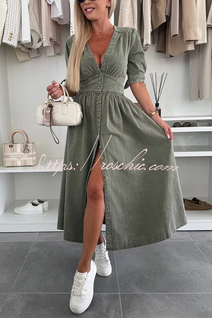 Color V-neck Button-down Denim Midi Dress