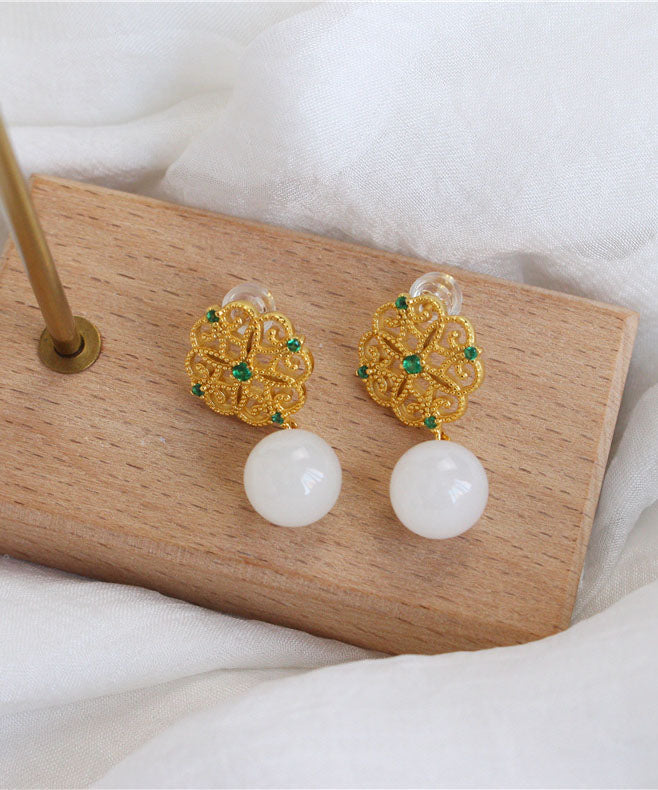 White Sterling Silver Overgild Jade Clover Hollow Out Drop Earrings
