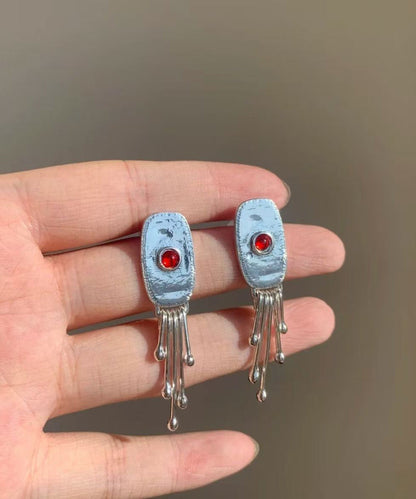 Dark Grey Alloy Oval Gem Stone Tassel Drop Earrings