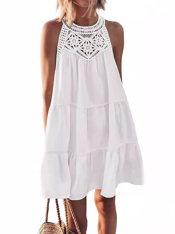A-line Loose Hollow Pleated Color Split-joint Round-neck Mini Dresses