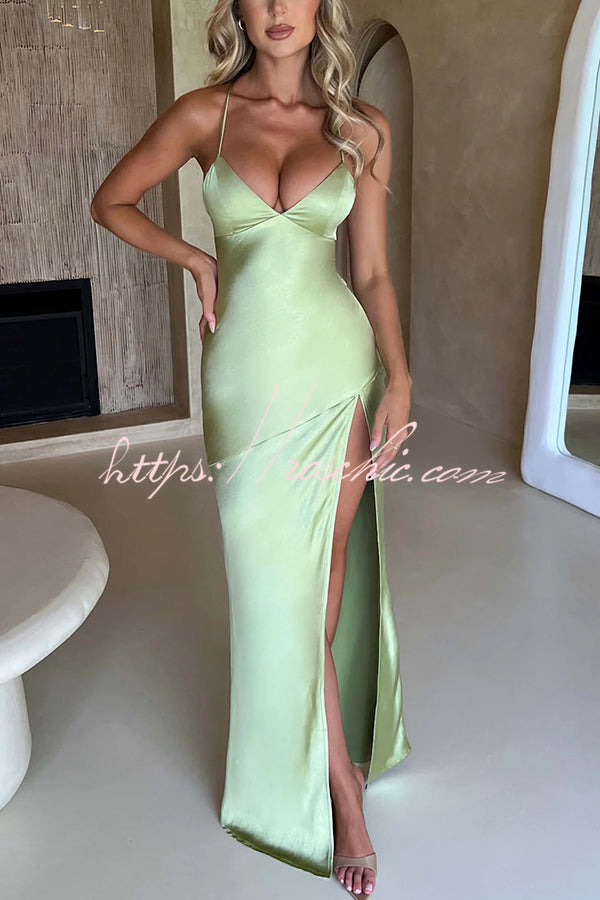 Satin Color Backless Lace Up High Slit Maxi Dress