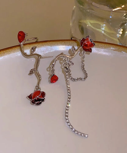 Red Alloy Zircon Crystal Oil Drip Asymmetry Tassel Drop Earrings