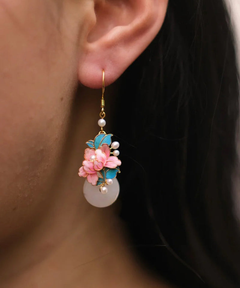 Pink Sterling Silver Overgild Enamel Ping Buckle Pearl Drop Earrings