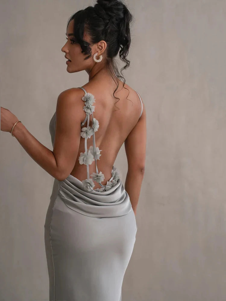 Draped Backless Maxi Long Dress for Spaghetti Strap Sleeveless Bodycon Evening Party Dress