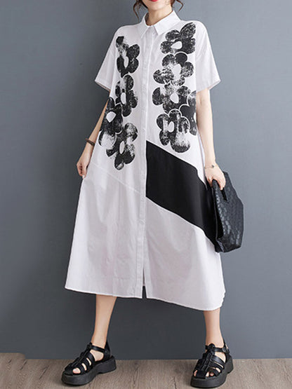 A-line Loose Asymmetric Buttoned Flower Print Lapel Midi Dresses Shirt Dress