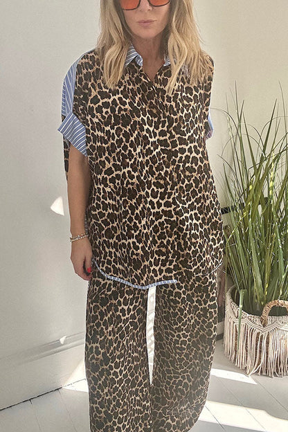 Comfortable Leopard Stripes Colorblock Print Oversized Shirt and Elastic Waist Pocket Loose Pants Set