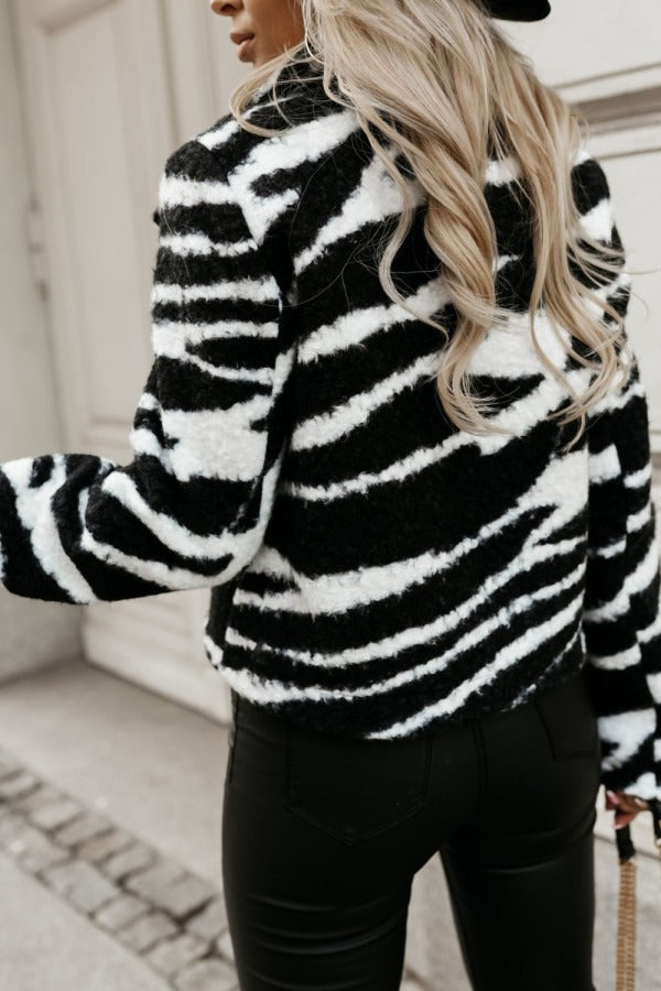 Animal Print Woolen Notch Collar Coat
