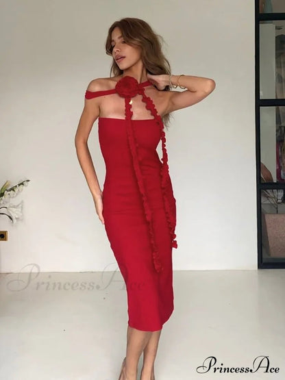 Bianca Bodycon Midi Dresses Graceful With Ruched and Rose Detail