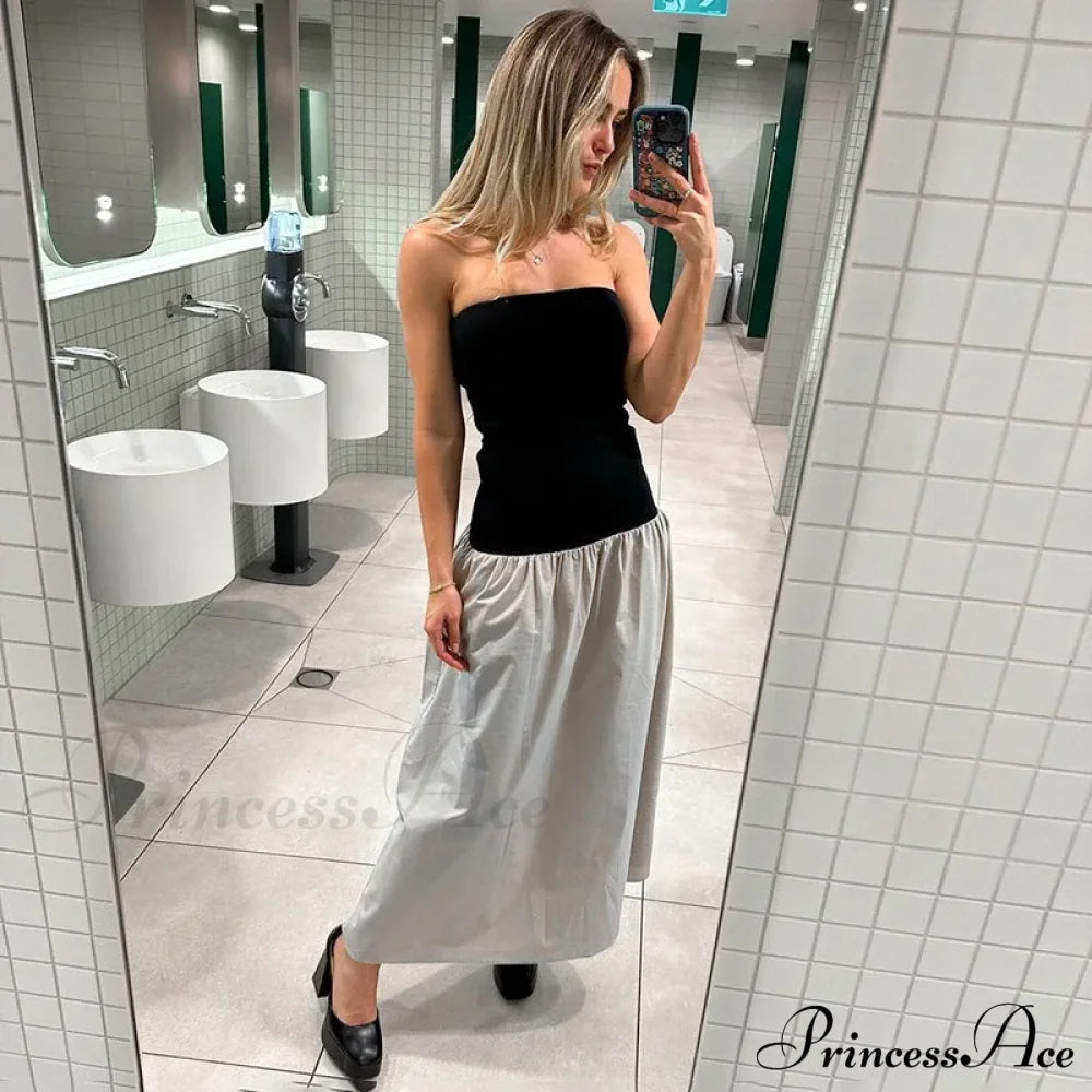 Black and White Charming Colorblock Tube Maxi Dress