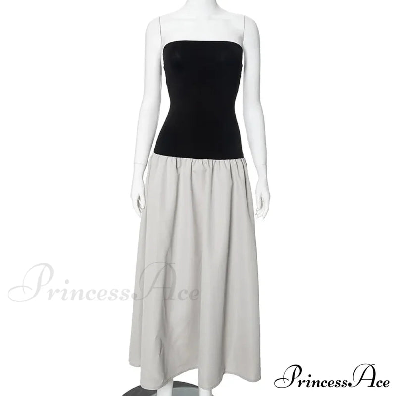 Black and White Charming Colorblock Tube Maxi Dress