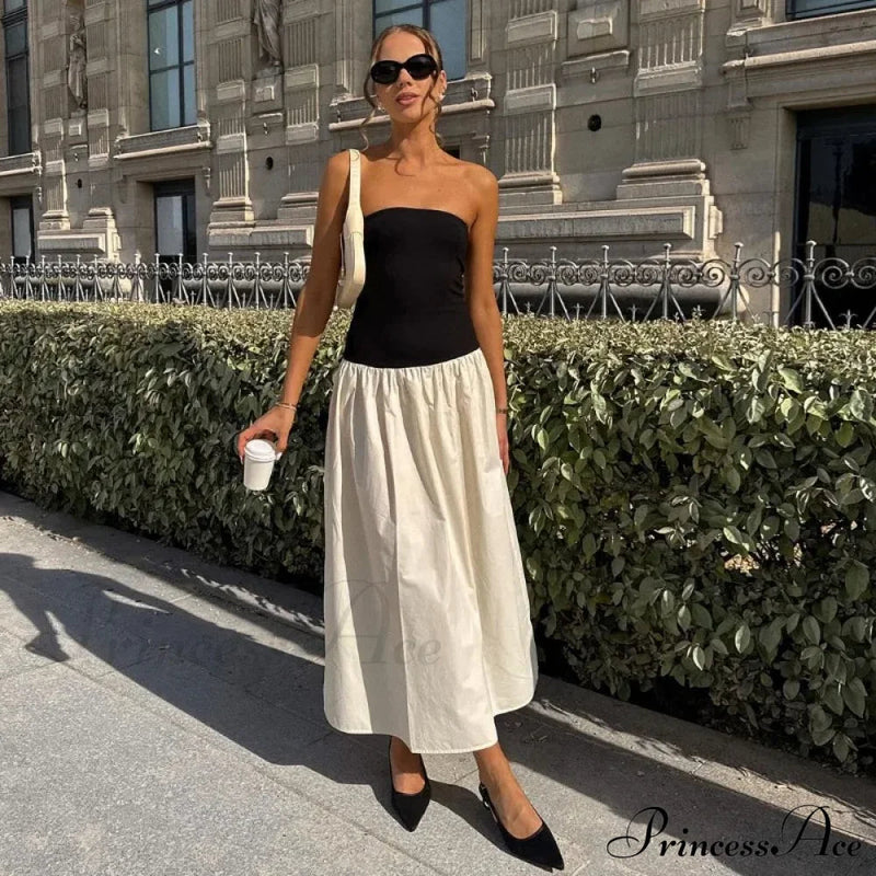 Black and White Charming Colorblock Tube Maxi Dress