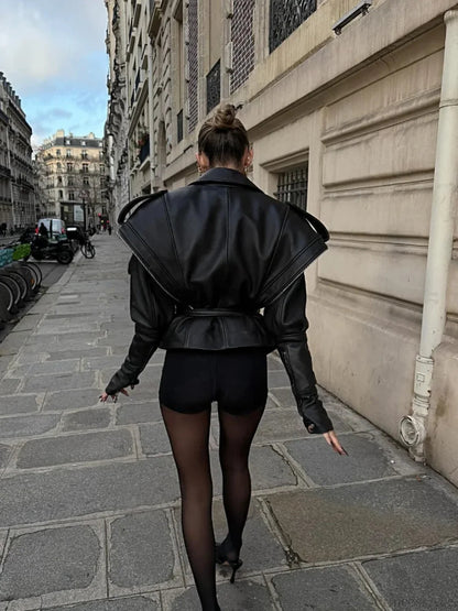 Black Belted Zipper Bomber Leather Coat