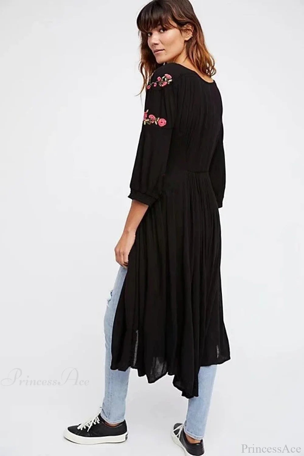 Black Long Dress Embroidery V-neck Hippie Dress