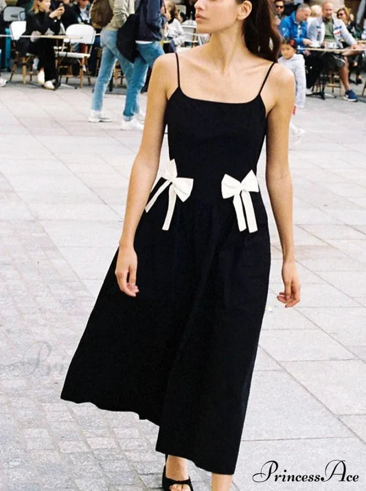 Black Bow Charming Strap Midi Dress