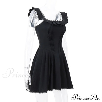 Black Corset Square Neck Graceful Frill Strap Mini Dress