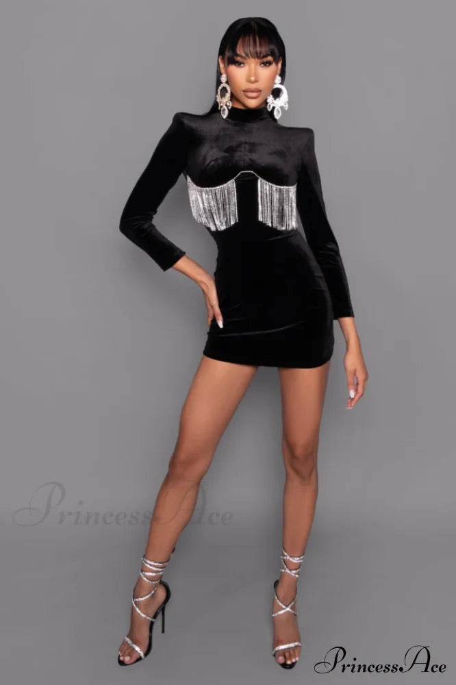 Black Crystal Fringe Charming Velvet Mini Dress