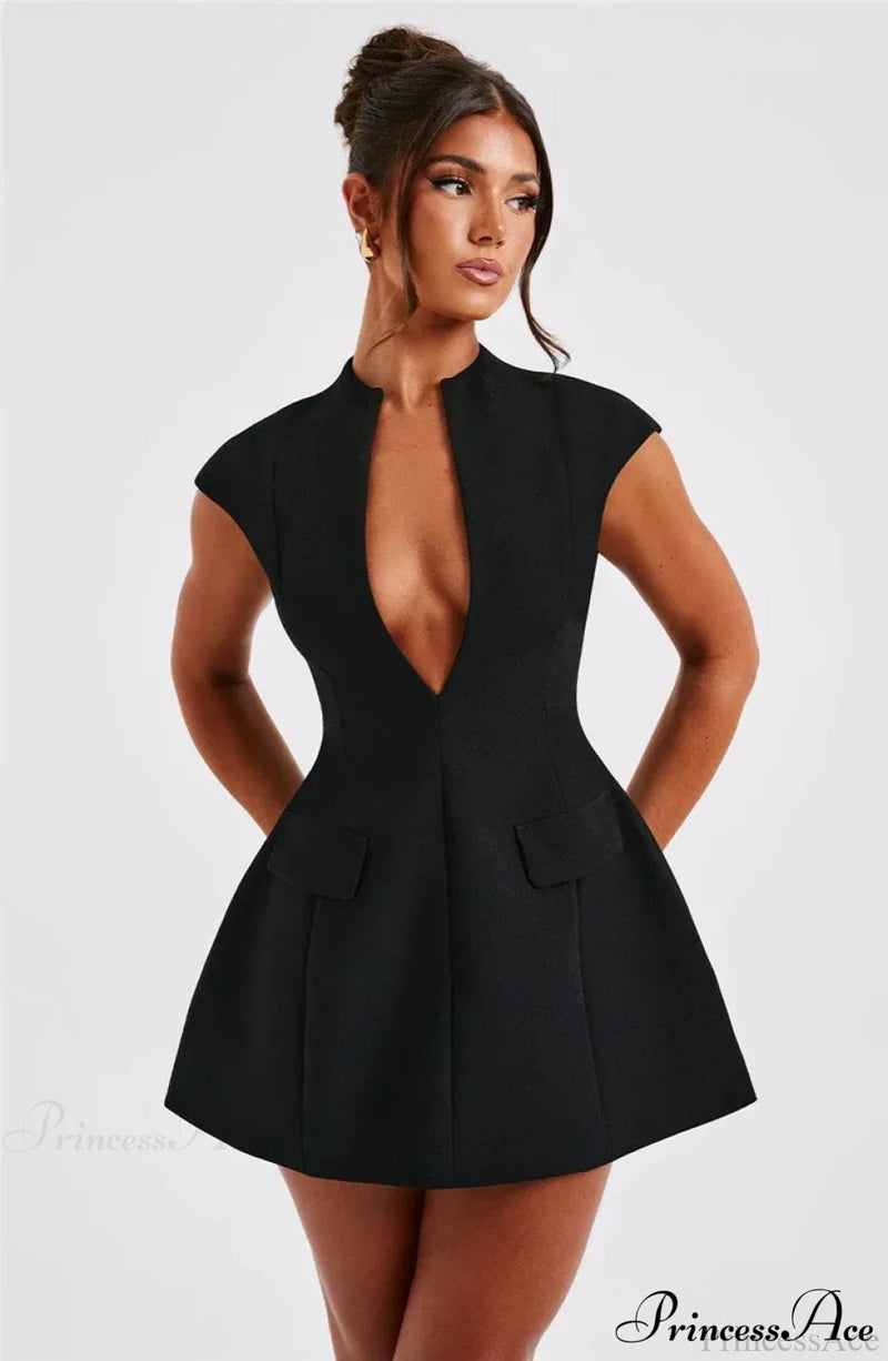 Black Deep Neck Mini Dress