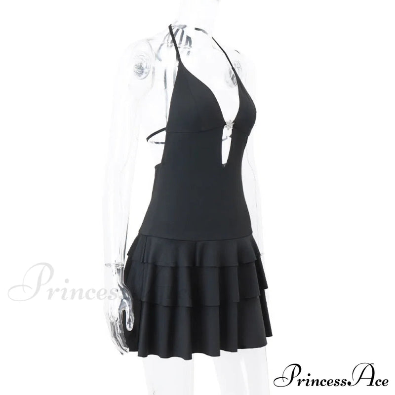 Black Deep V-neck Charming Backless Frill Mini Dress