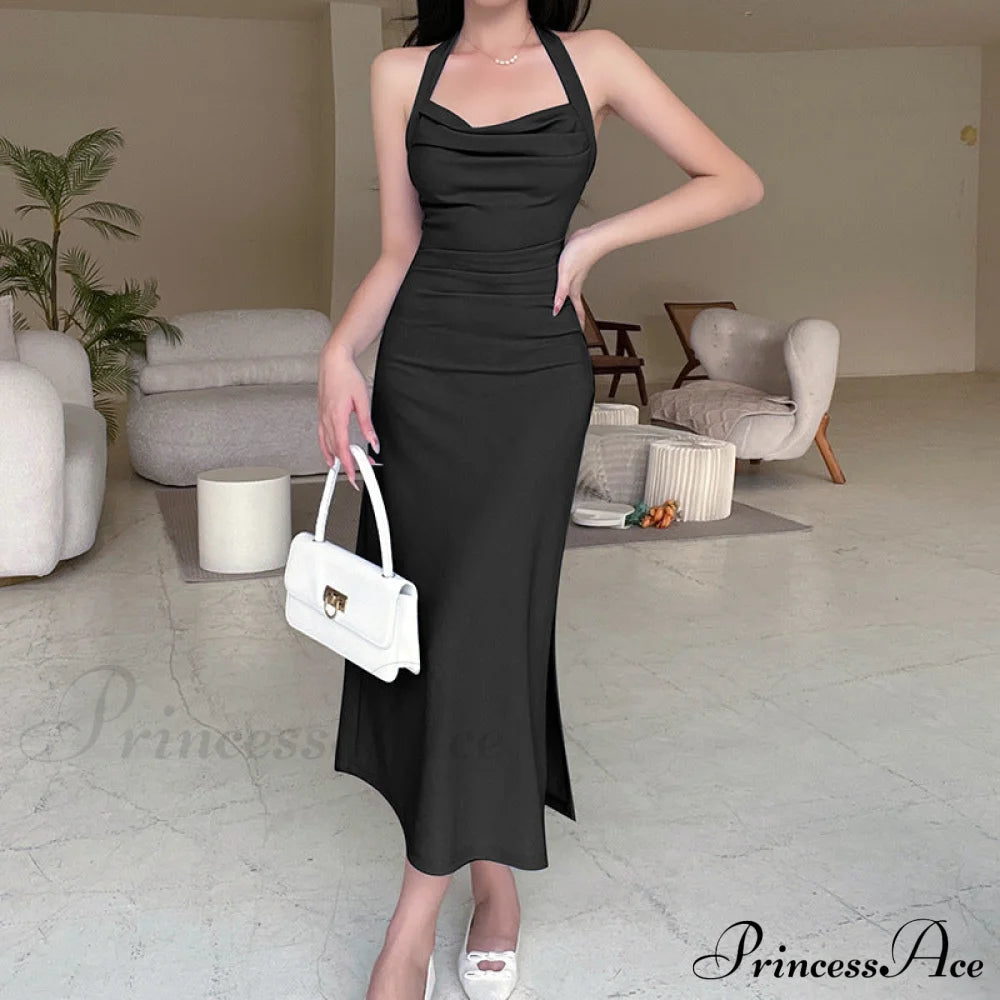 Black Halter Midi Dress With Semi Flare