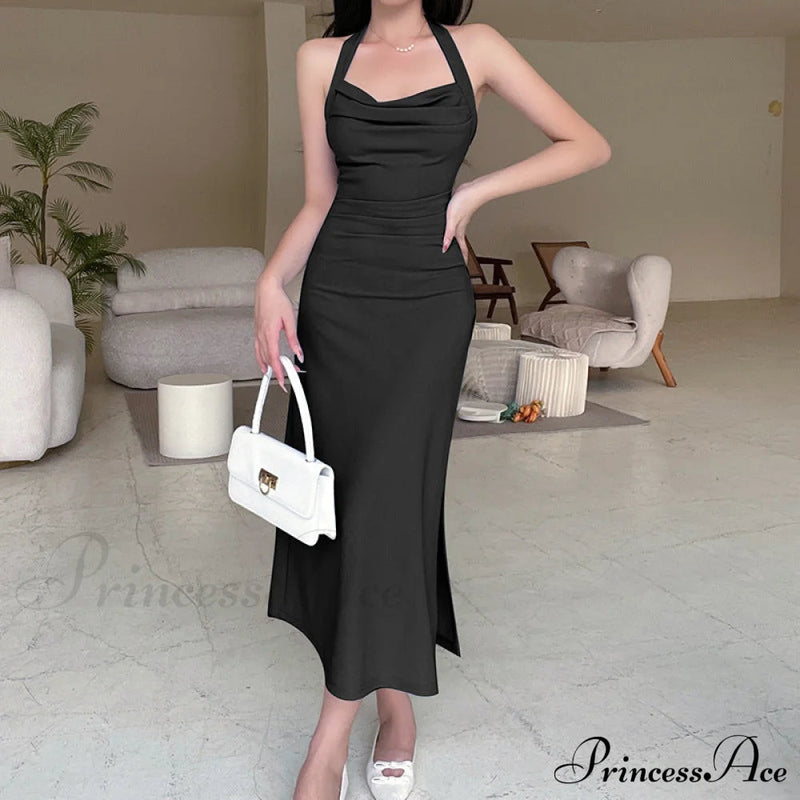 Black Halter Midi Dress With Semi Flare