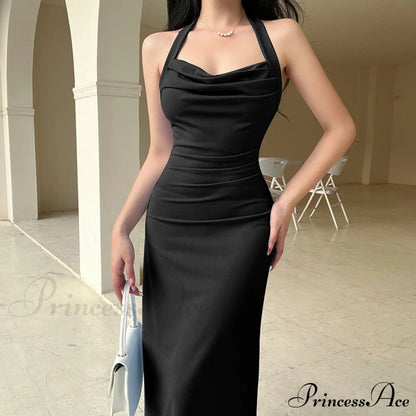 Black Halter Midi Dress With Semi Flare