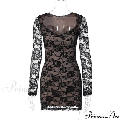 Black Lace Layered Charming Long Sleeve Mini Dress