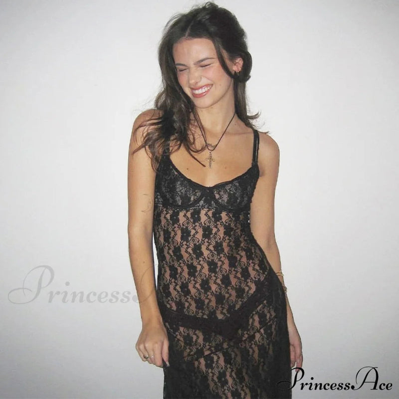 Black Lace Mesh Charming Strap Midi Dress