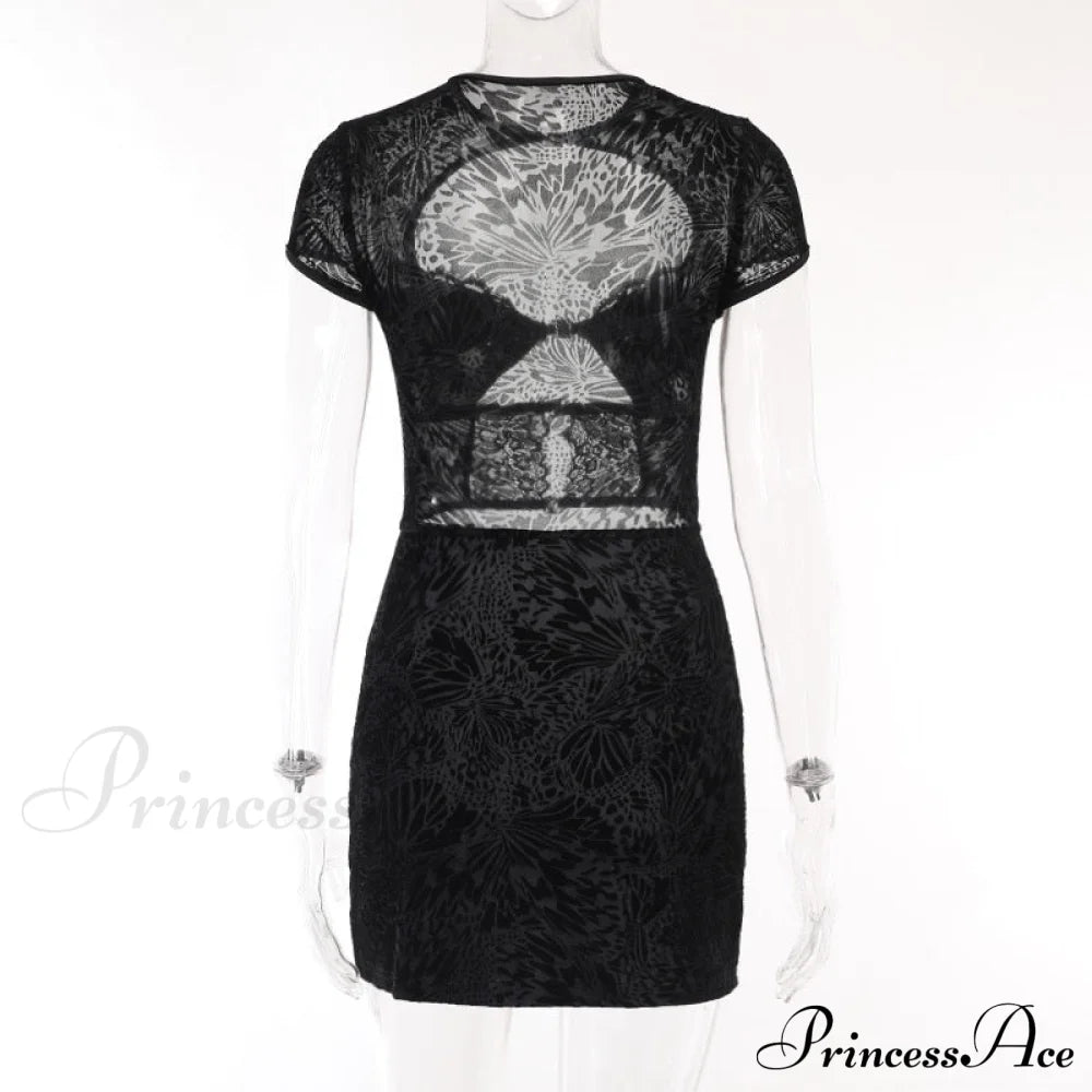 Black Lace Sheer Front Cut Out Design Short Sleeve Mini Dress