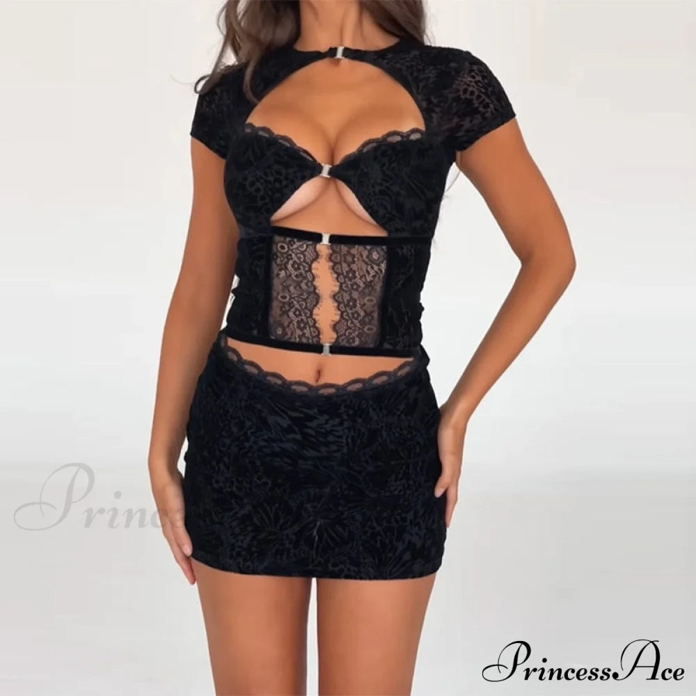 Black Lace Sheer Front Cut Out Design Short Sleeve Mini Dress